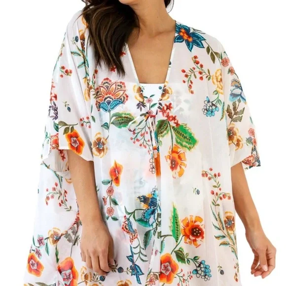 Johnny Was White Floral Ardella Swim Cover Up Kimono L XL - Picture 14 of 14